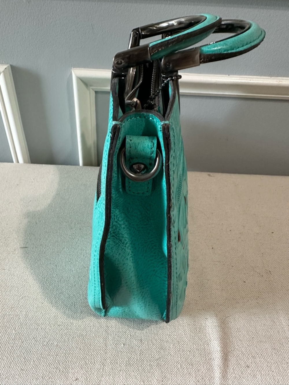 Patricia Nash Turquoise Floral Tooled Leather Ring-Handle Satchel - Picture 3 of 4